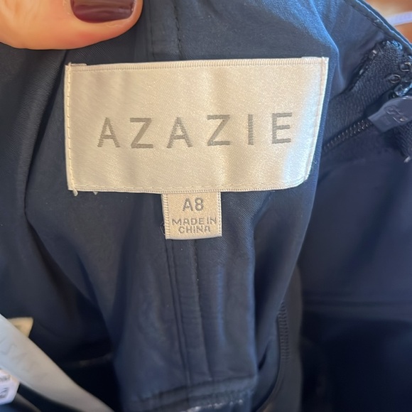 AZAZIE BONA Stretch Dark Navy A-Line V-Neck Pleated Stretch Satin - Picture 16 of 16